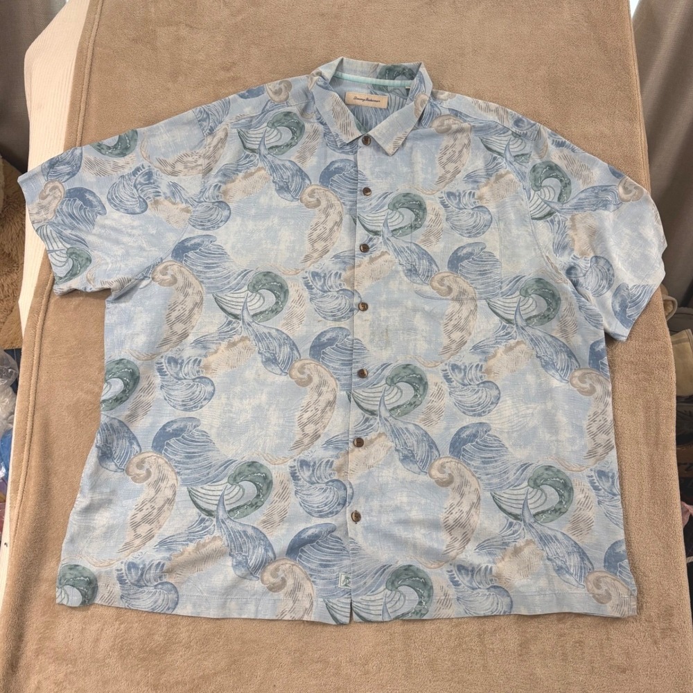 Tommy Bahama silk Seashells Shirt Mens 3XB Big blue tropical Short Sleeve EUC